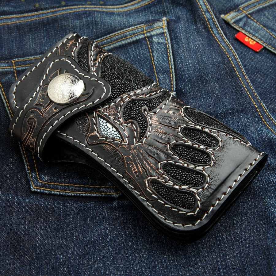 Portefeuille motard en cuir véritable Devil Skull