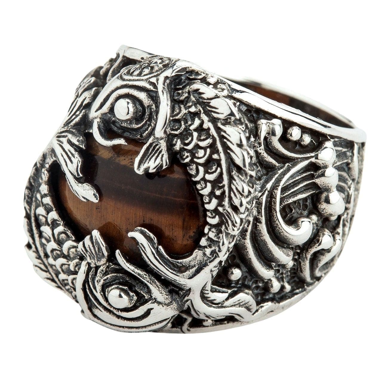 Silver Japanese Koi Tigers Eye Men's Ring - Bikerringshop