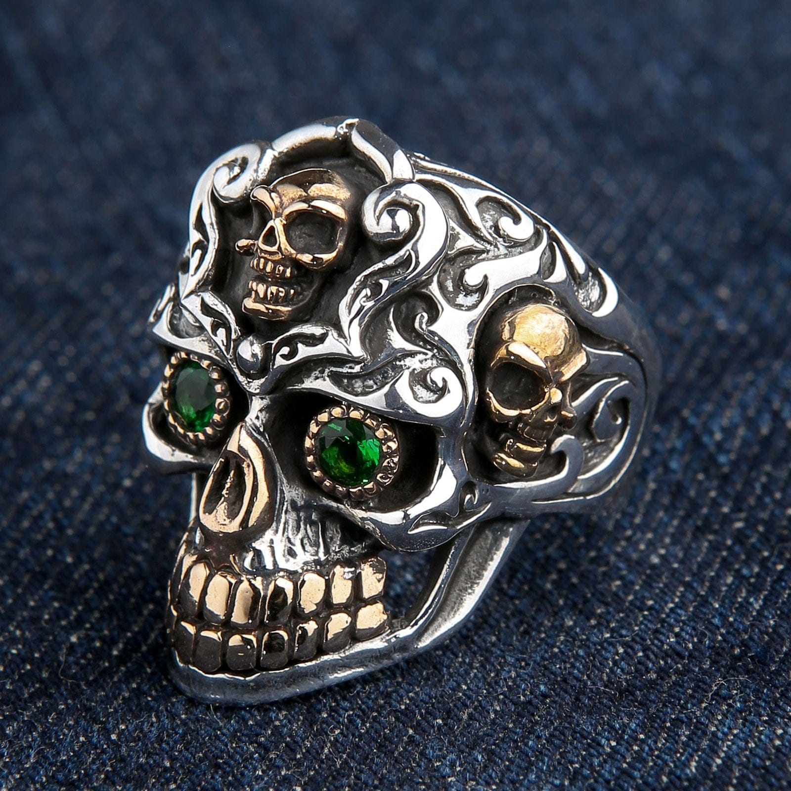 Baroque Skull Ring Green Eyes Sterling Silver Jewelry