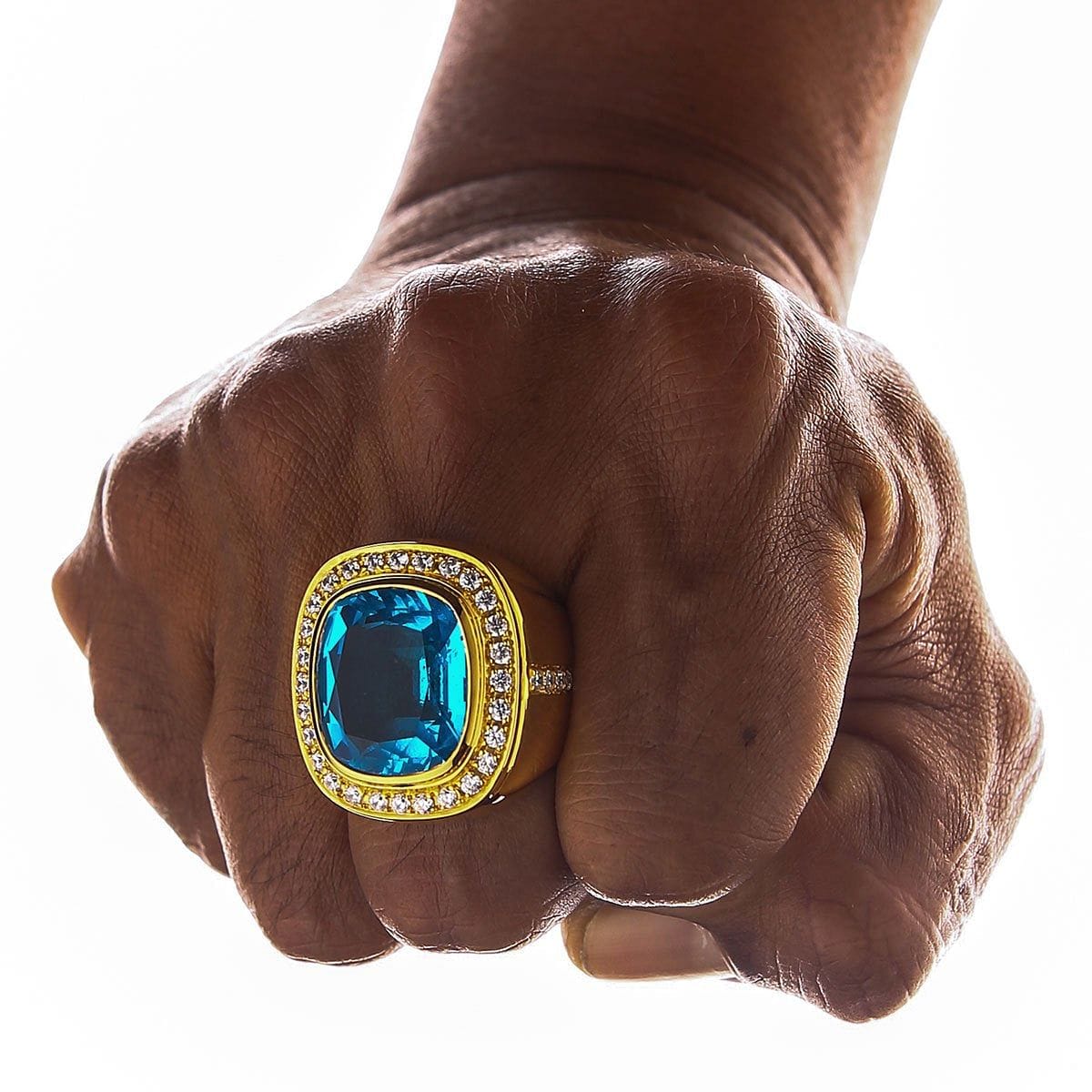Mens Blue Topaz Ring | 4 1/2ct Oval Blue Topaz and Diamond Men's Ring  Crafted In Solid Yellow Gold
