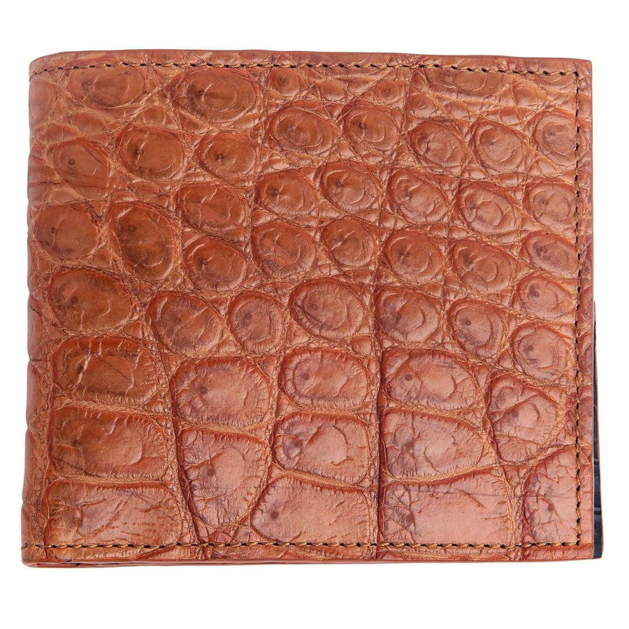 A vista frontal da carteira bifold de couro de crocodilo castanho claro para homens.