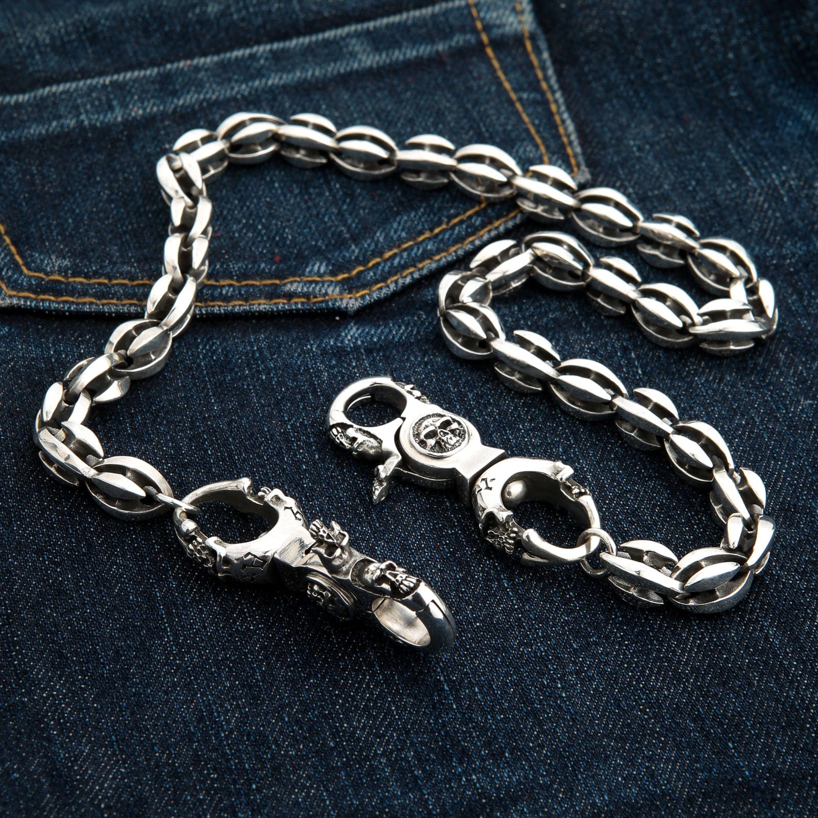 Catena Portafogli A Doppio Strato Con Teschio - Accessorio Streetwear Unisex Per Jeans E Pantaloni (Argento, 45 Cm)
