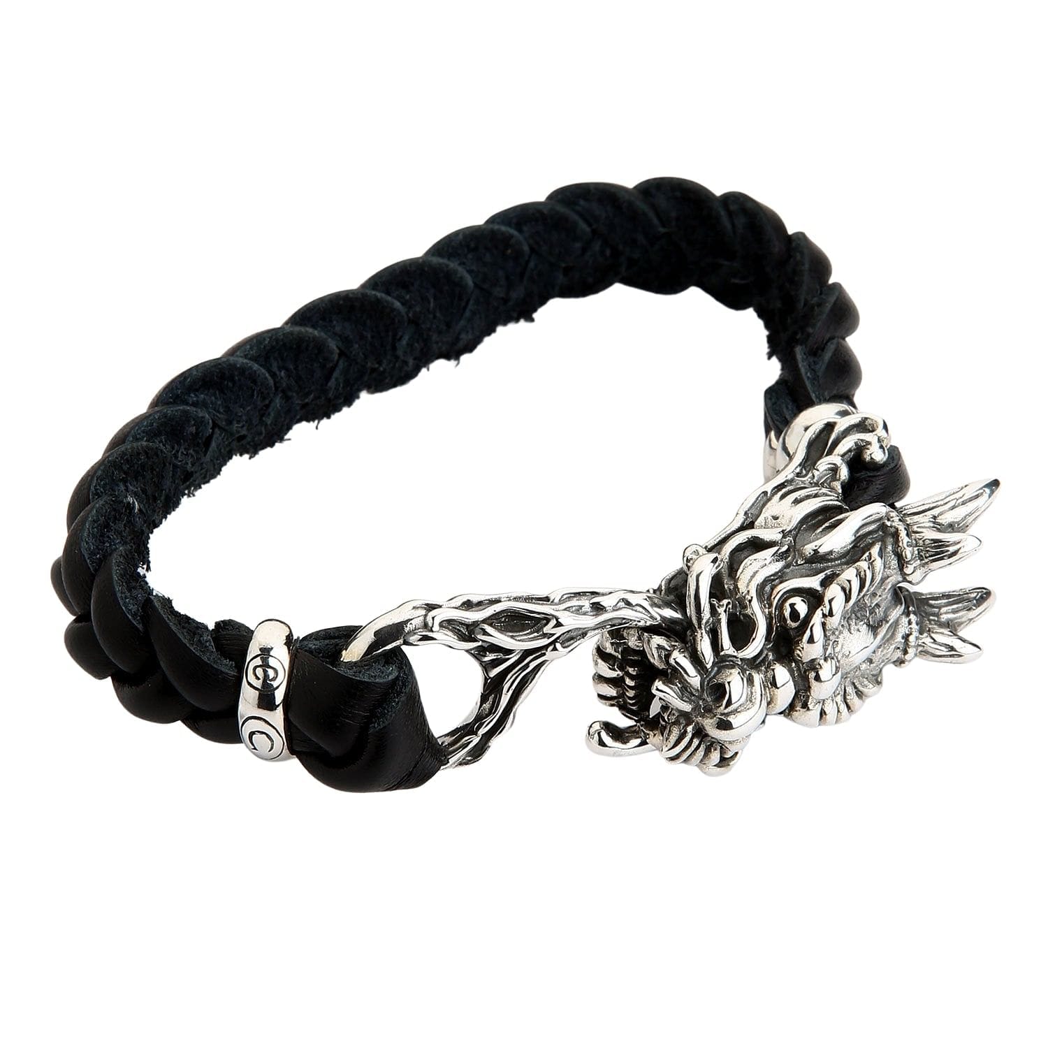 DRAGON Large Braided Leather Bracelet with Silver Dragon by King Baby