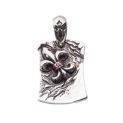 Front view of sterling silver Fleur de Lis dog tag pendant with red garnet stones.