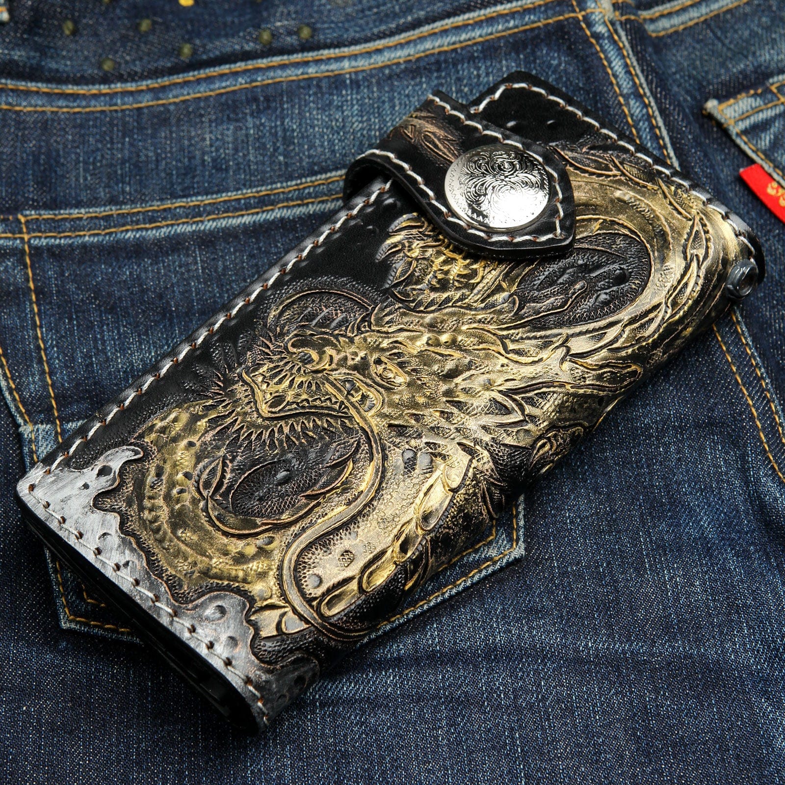 Golden Emperor Dragon Genuine Cowhide Leather Biker Wallet