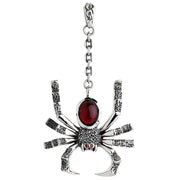 A front view of the gothic dangling spider pendant in sterling silver with a large red garnet body.