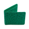 A vibrant green ostrich leather wallet shown partially open, displaying its unique quill marks and matching interior.