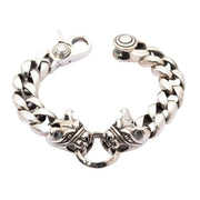 A full layout of the heavy sterling silver bulldog bracelet with its double-head clasp.