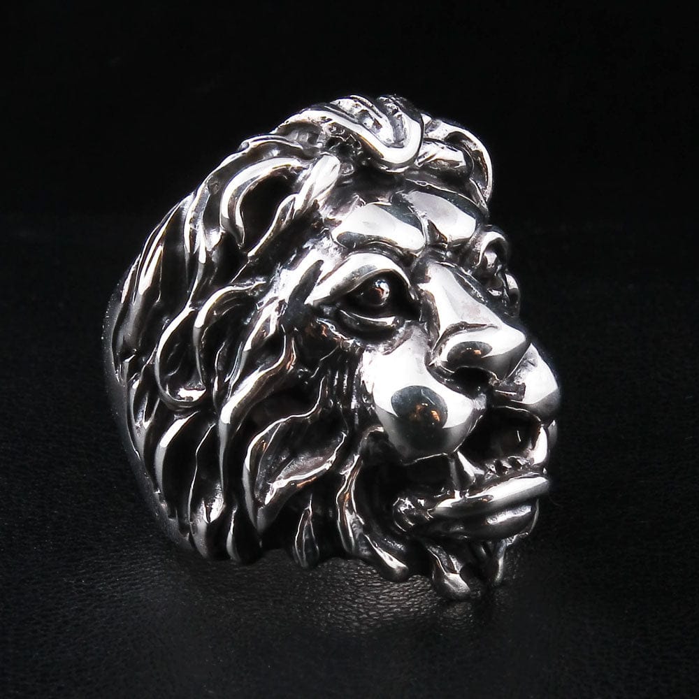 Silver Lion Head Men's Ring - 925 Sterling Silver Statement Ring (Size 8)