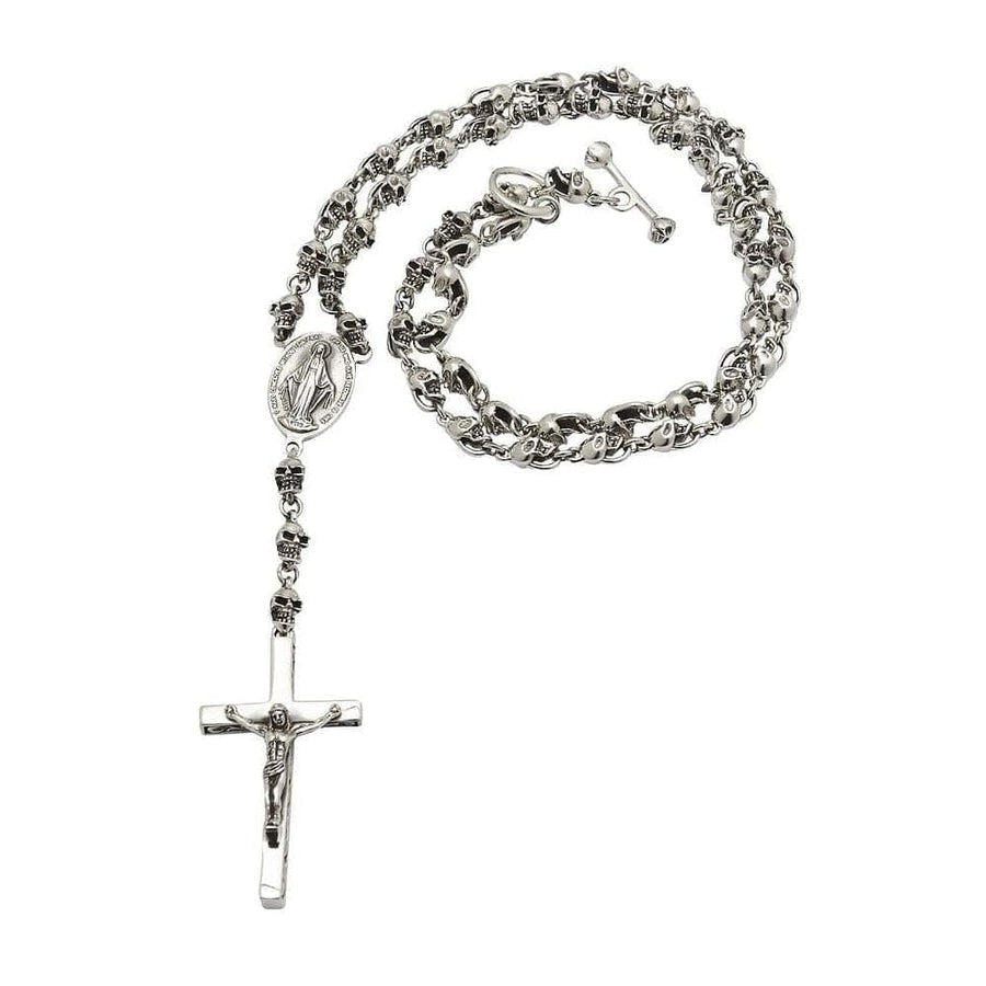 Un colier din argint sterling solid Memento Mori cu craniu, având un crucifix detaliat și o Medalie Miraculoasă.
