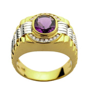 A front view of the men's two-tone amethyst ring with a purple stone.
