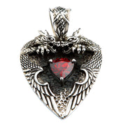 A front-on view of the men's sterling silver twin dragon and garnet heart pendant.