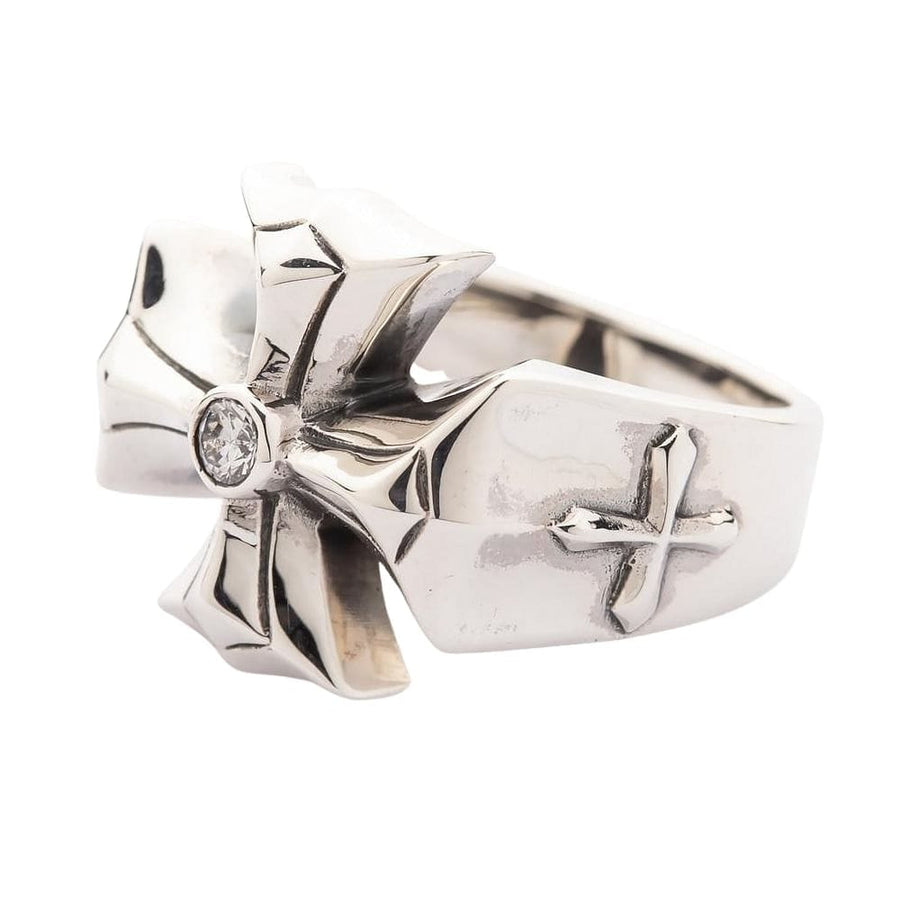 Side profile of handcrafted silver ring featuring gothic cross details