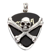 A sterling silver guitar pick holder pendant featuring a Jolly Roger skull and crossbones design, shown holding a black pick.