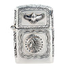 A front view of the sterling silver Indian Head Nickel Zippo case, showing the Liberty chief and soaring eagle engravings.