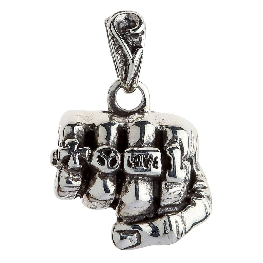 Front view of Sterling Silver Knuckle Fist Pendant showing Love, Peace, and Iron Cross symbols
